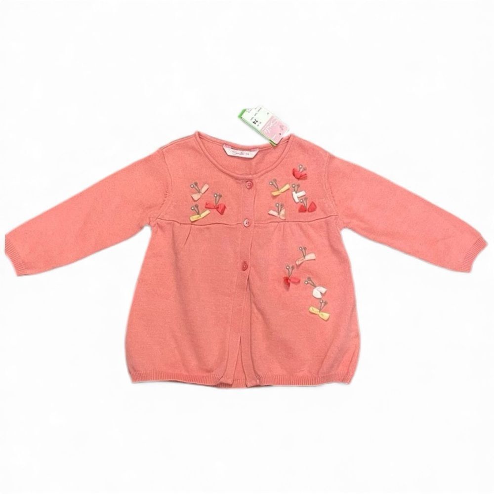 NWT Smile Brand Coral Baby Girl Button Up Sweater With Embroidery 12 months